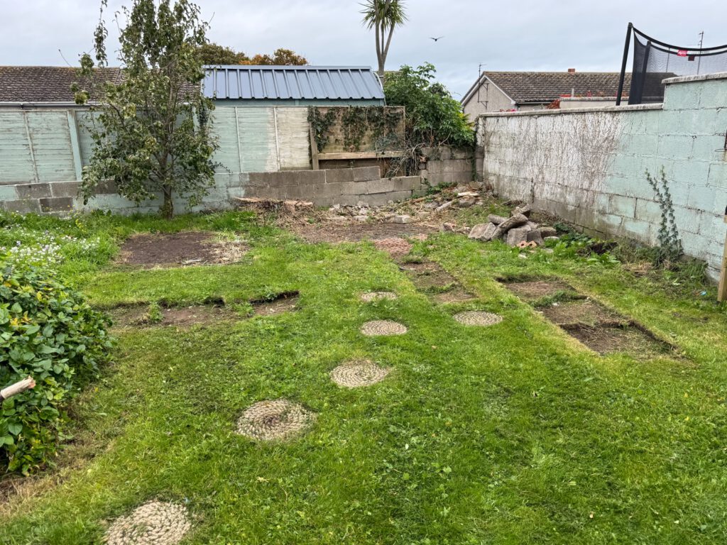 Before — a Skerries garden needing a clean-up, new patio and wall repair