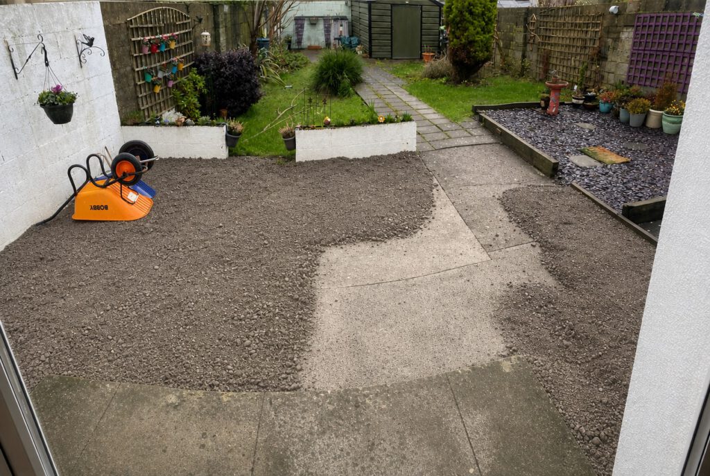 Before — a garden with a large, awkward step down from the house in Skerries